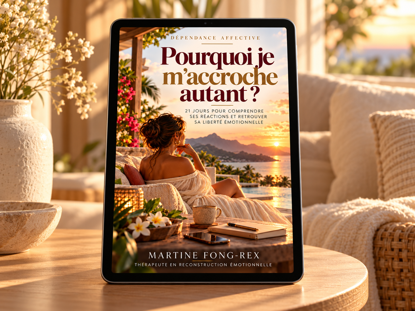 L’ebook Pourquoi je m’accroche autant ? présenté sur une tablette dans un coin lecture lumineux