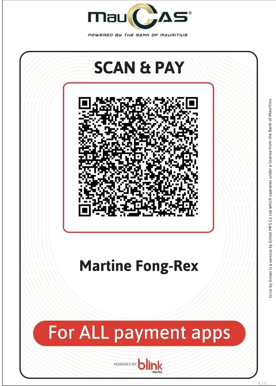 QR code de paiement MauCAS, Blink by Emtel, au nom de Martine Fong-Rex